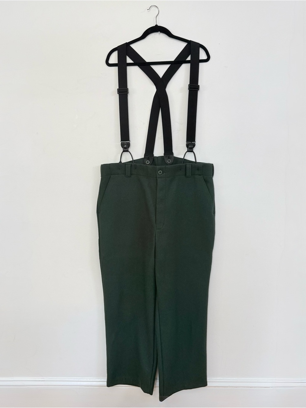 Vintage Woolrich Mens 38 Wool Hunting Heavyweight Pants Green Suspenders Leather